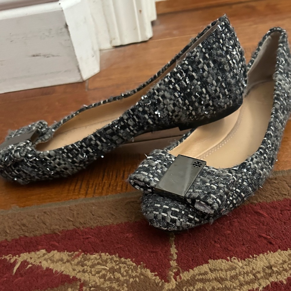 Tory Burch Black and Gray Tweed Flats